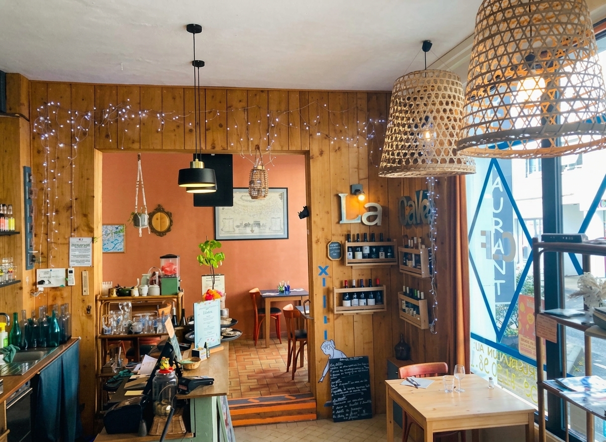 Entrée du restaurant Chez les Filles à Saintes, boiseries et suspensions en rotin